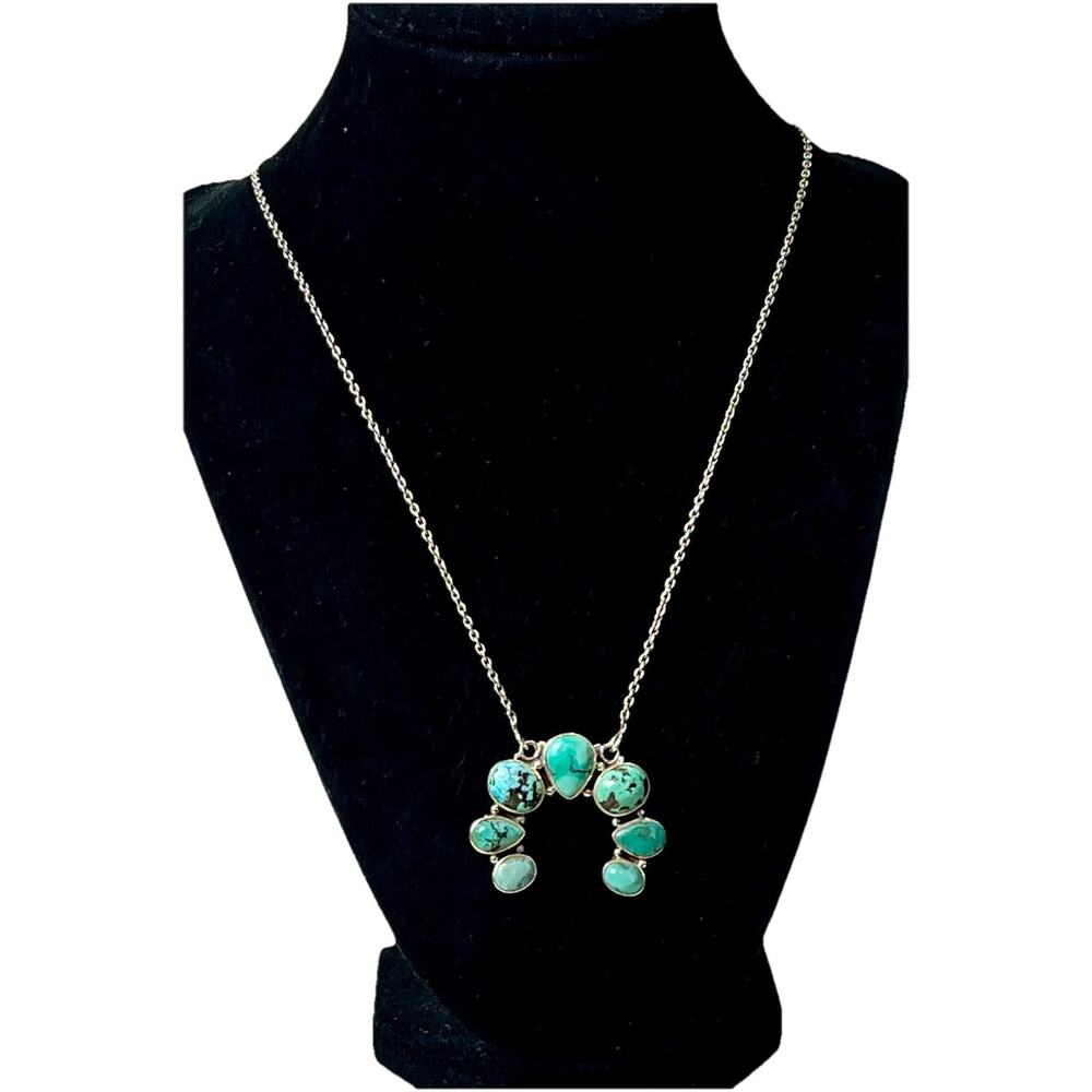 Native American Navajo Handmade Sterling Silver Turquoise Naja Necklace 21” NEW